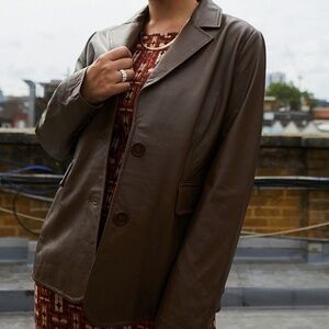 Urban Outfitters 90s-Inspired Dark Brown Faux Leather Jacket – Thigh Length